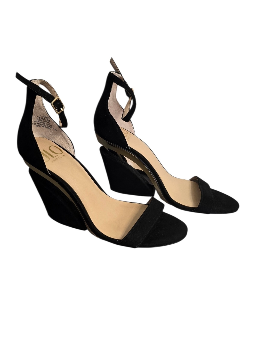 Jennifer Lopez Black Suede Ankle-Strap Wedge Sandals
